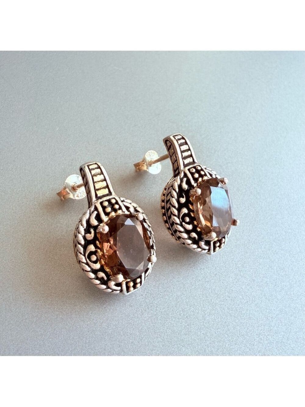 Smoky Topaz 2 Tone Sterling Silver Dotted Filigree CJ JC Designer Stud E… - Picture 2 of 9